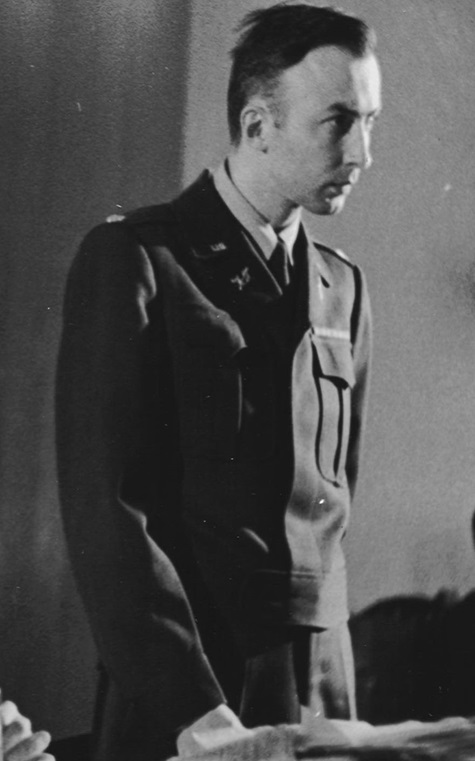 Lieutenant Colonel William D. Denson makes a closing argument during the Dachau war crimes trials. (Credit: Horace Hansen Collection at the Riesenfeld Rare Books Research Center, University of Minnesota Law Library)
